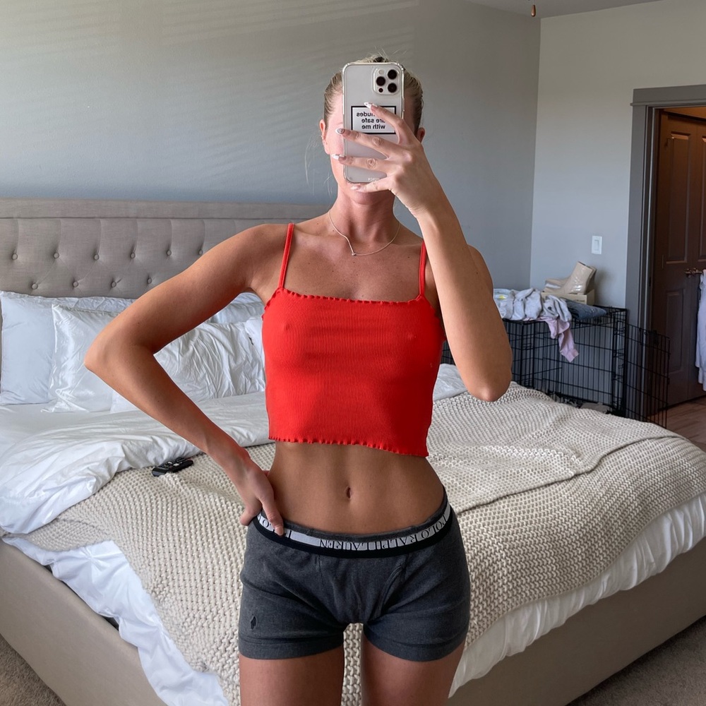 Coral Ribbed Lettuce Hem Tank Top